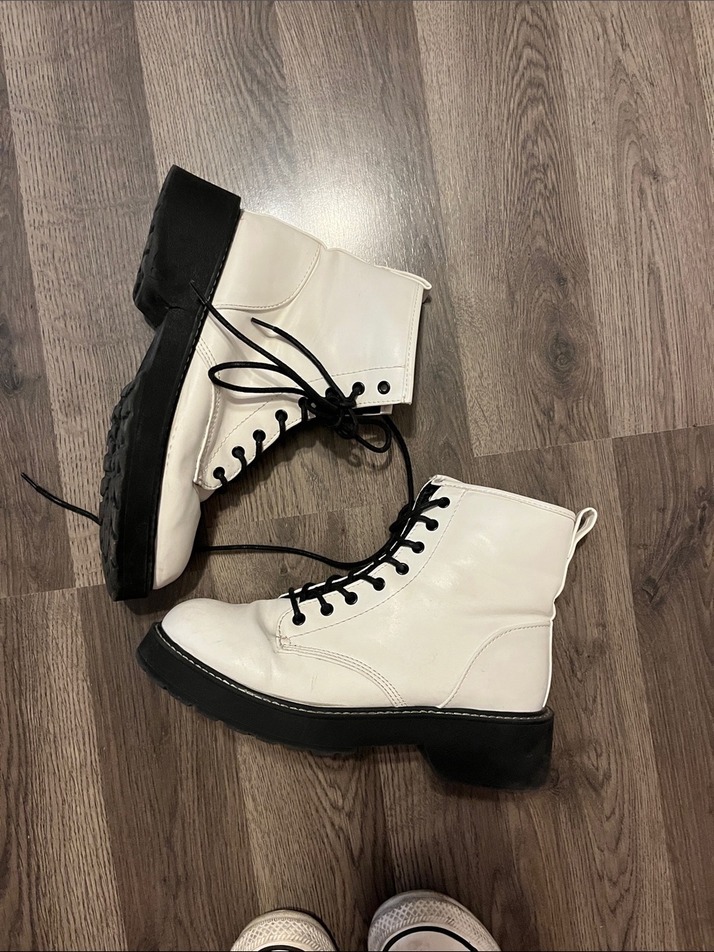 Macy's White Lace-Up Platform Combat Boots with Black Sole